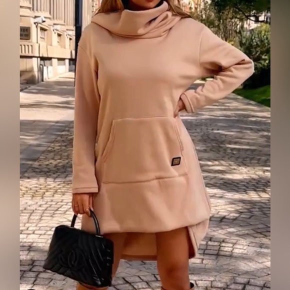 Hooded Solid Sweatshirt Dress. Color: Khaki Size: XL - Picture 1 of 9